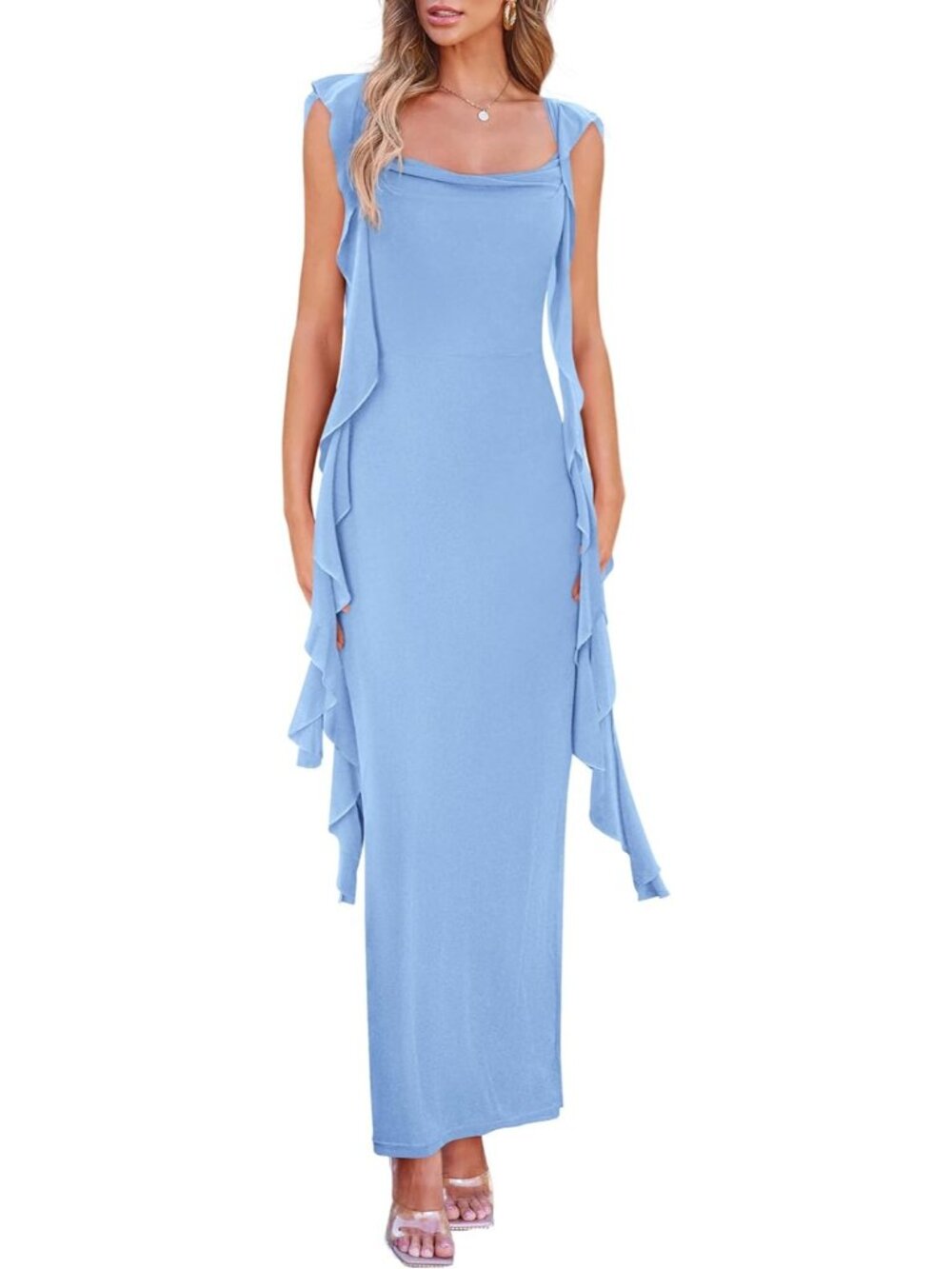 Women's Light Blue Wedding Dress Sleeveless Ruffle Formal Cocktail Party Maxi